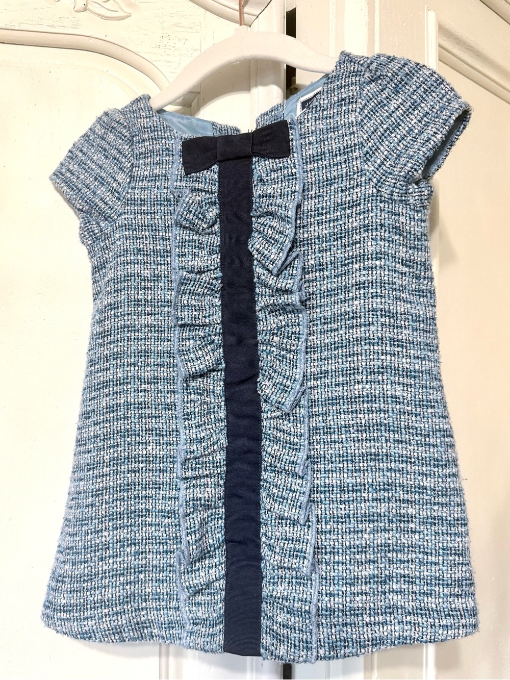 Janie and Jack Blue Knit Ruffle Front Dress Top with Navy Bow